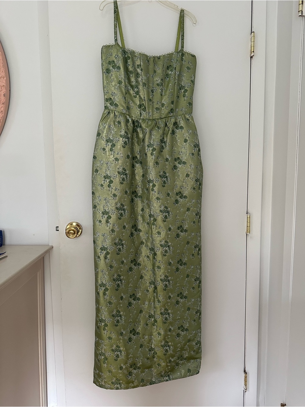 V. Chapman Olive Green Floral Satin Maxi Dress with Bow